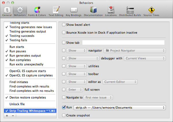 Xcode 4 Behaviours Preferences