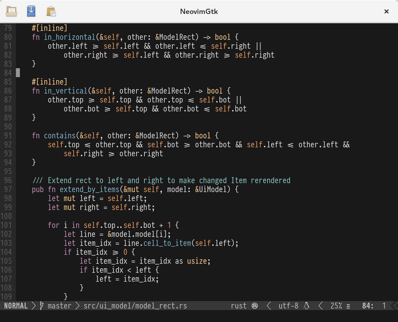 NeovimGtk displaying Rust code in PragmataPro with ligatures