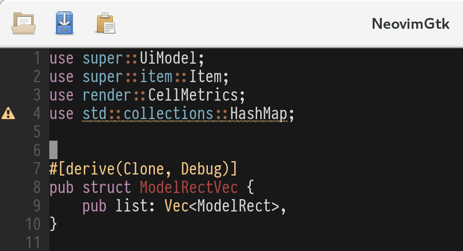 NeovimGtk displaying a double wide warning symbol next to a line with a compiler warning