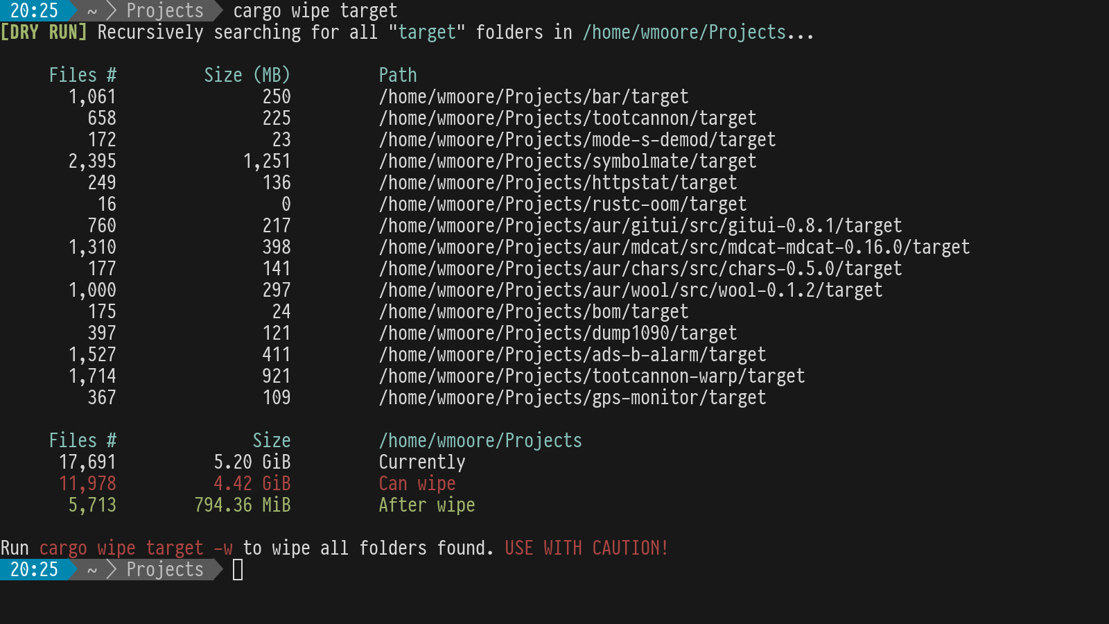 Screenshot of cargo-wipe being run on my Projects directory in a terminal.