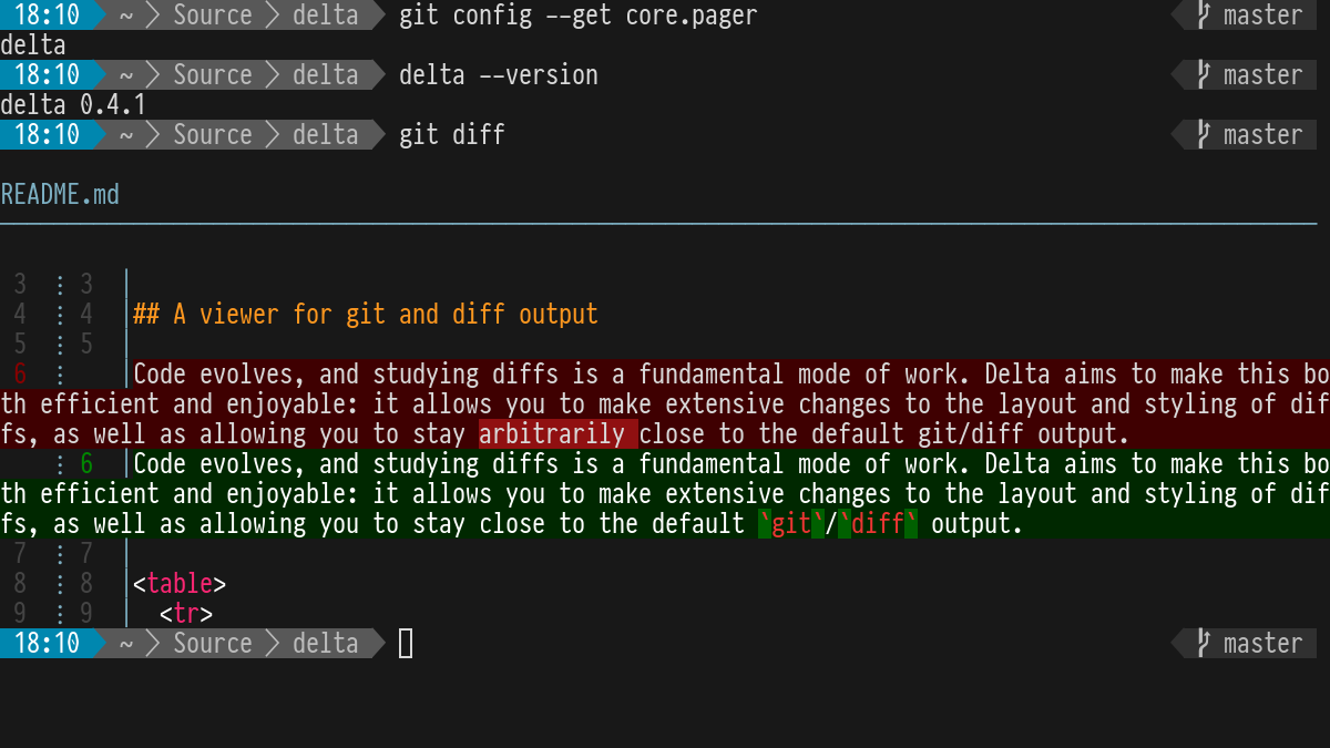 Screenshot of delta running in a terminal.