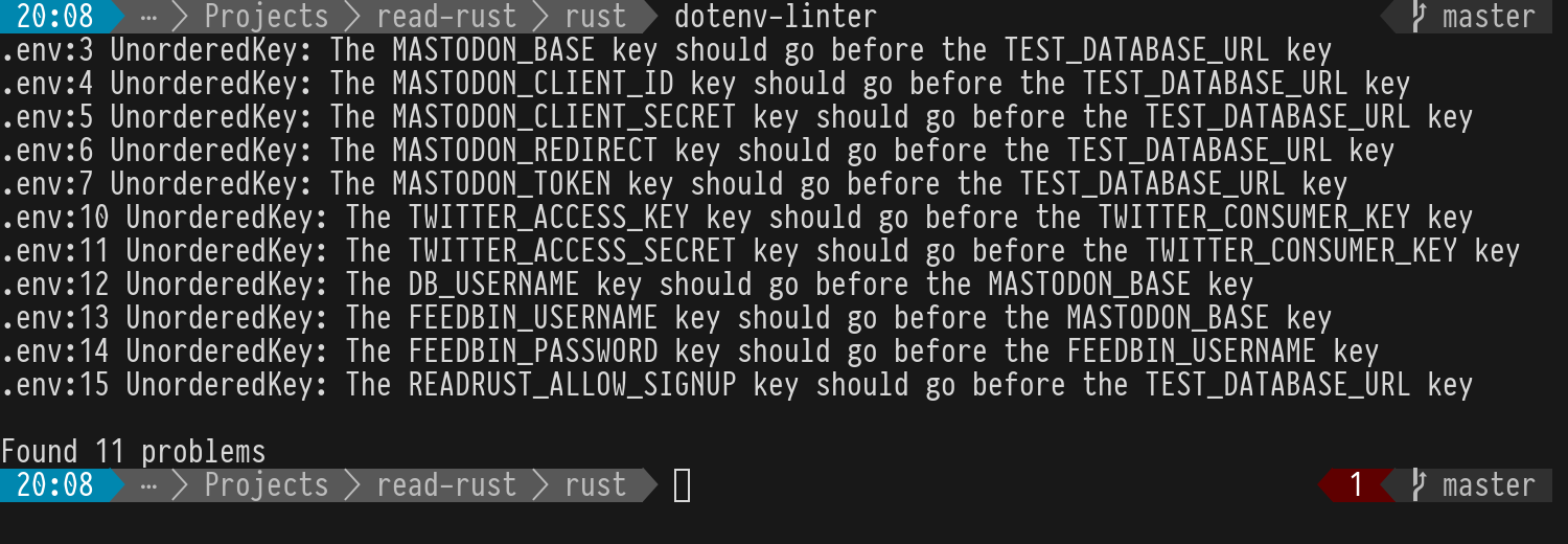 Screenshot of dotenv-linter running in a terminal.