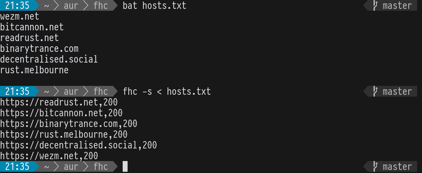 Screenshot of fhc running in a terminal.