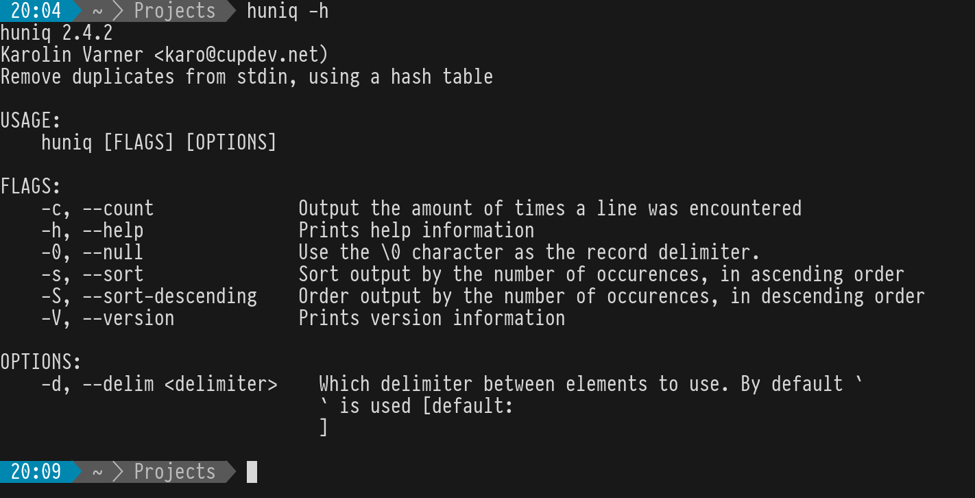 Screenshot of the output of huniq -h in a terminal.