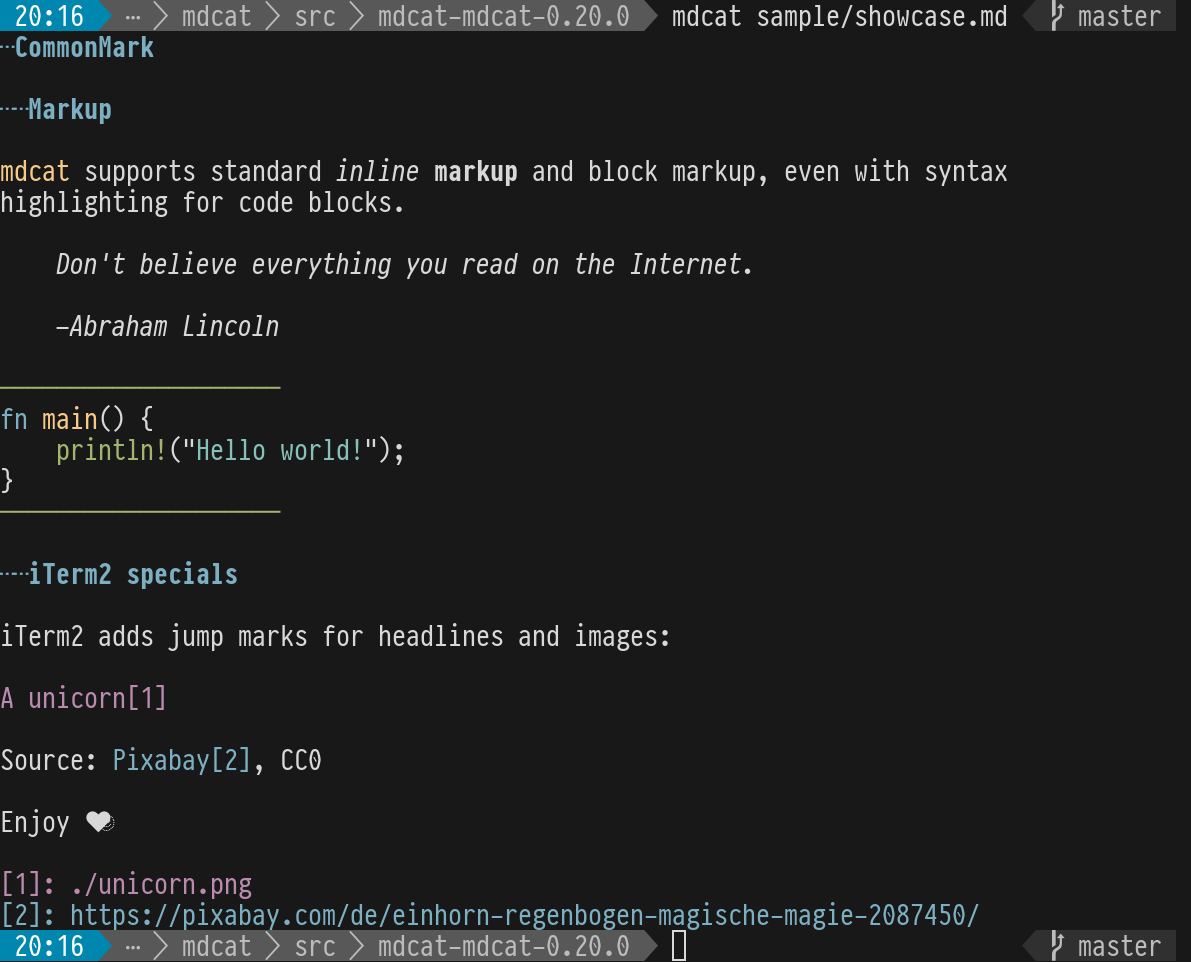 Screenshot of mdcat rendering a sampel Markdown document in a terminal.