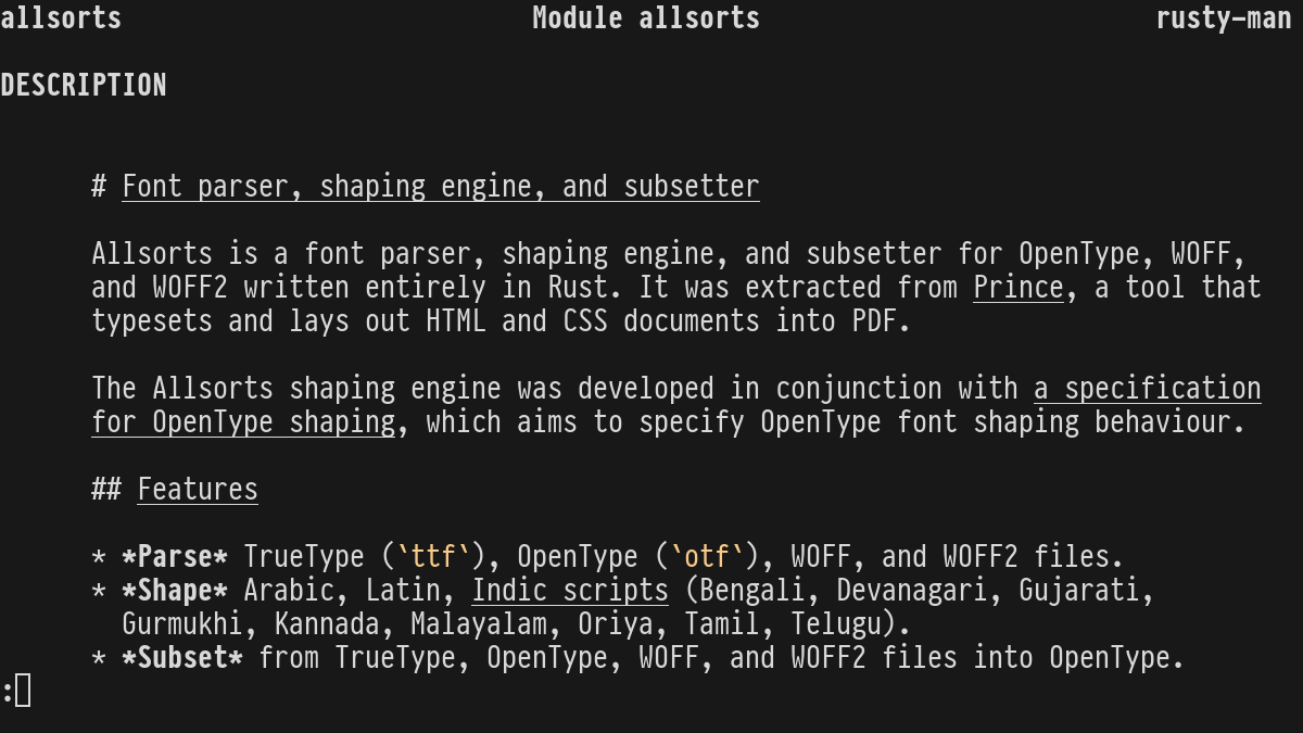 Screenshot of rusty-man rendering the Allsorts docs in a terminal.