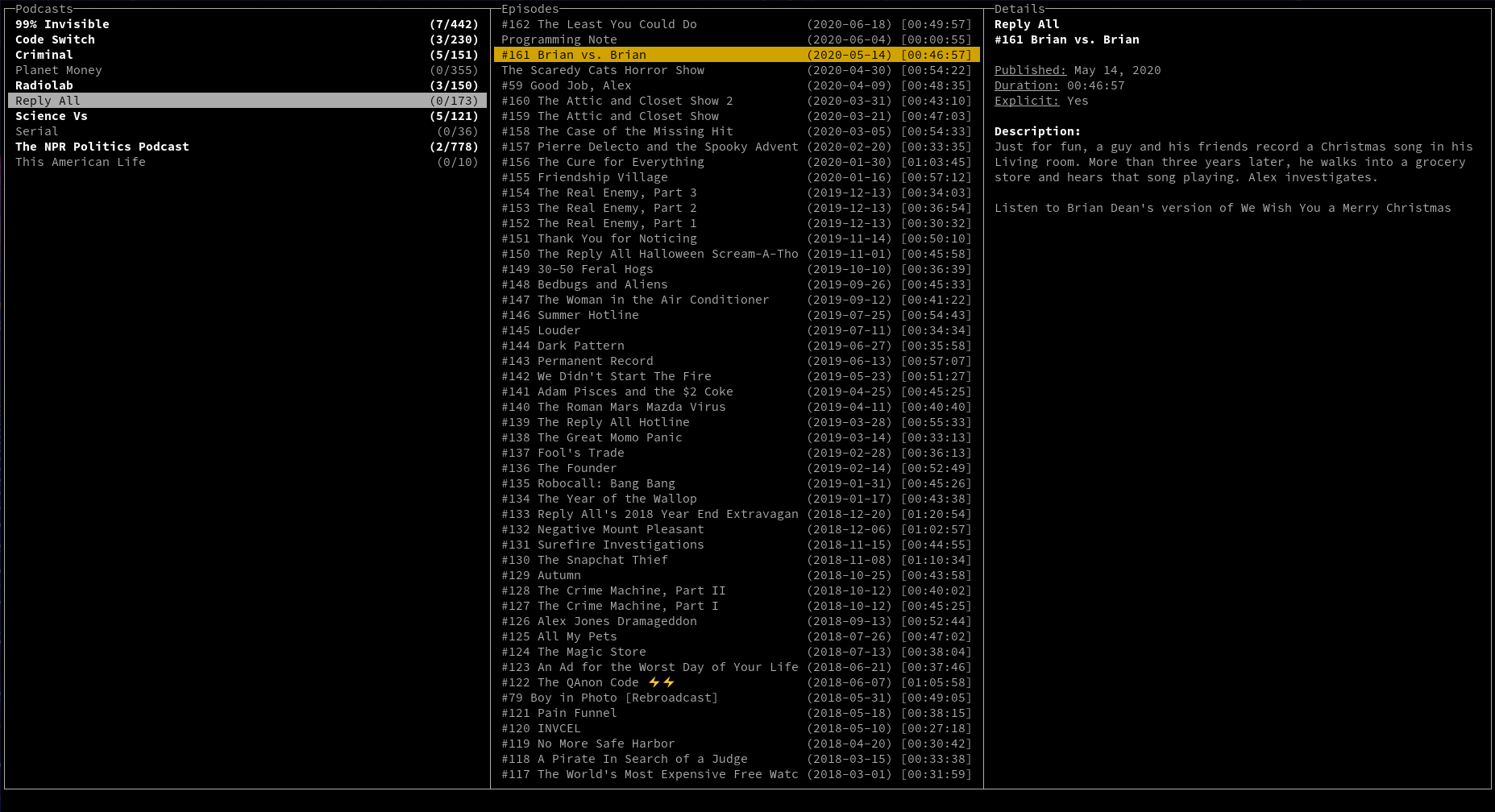 Screenshot of Shellcaster running in a terminal.