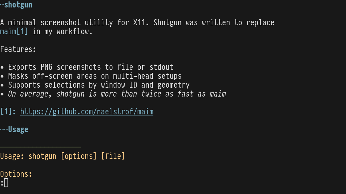 Screenshot taken by shotgun of mdcat rendering the shotgun README in a terminal.