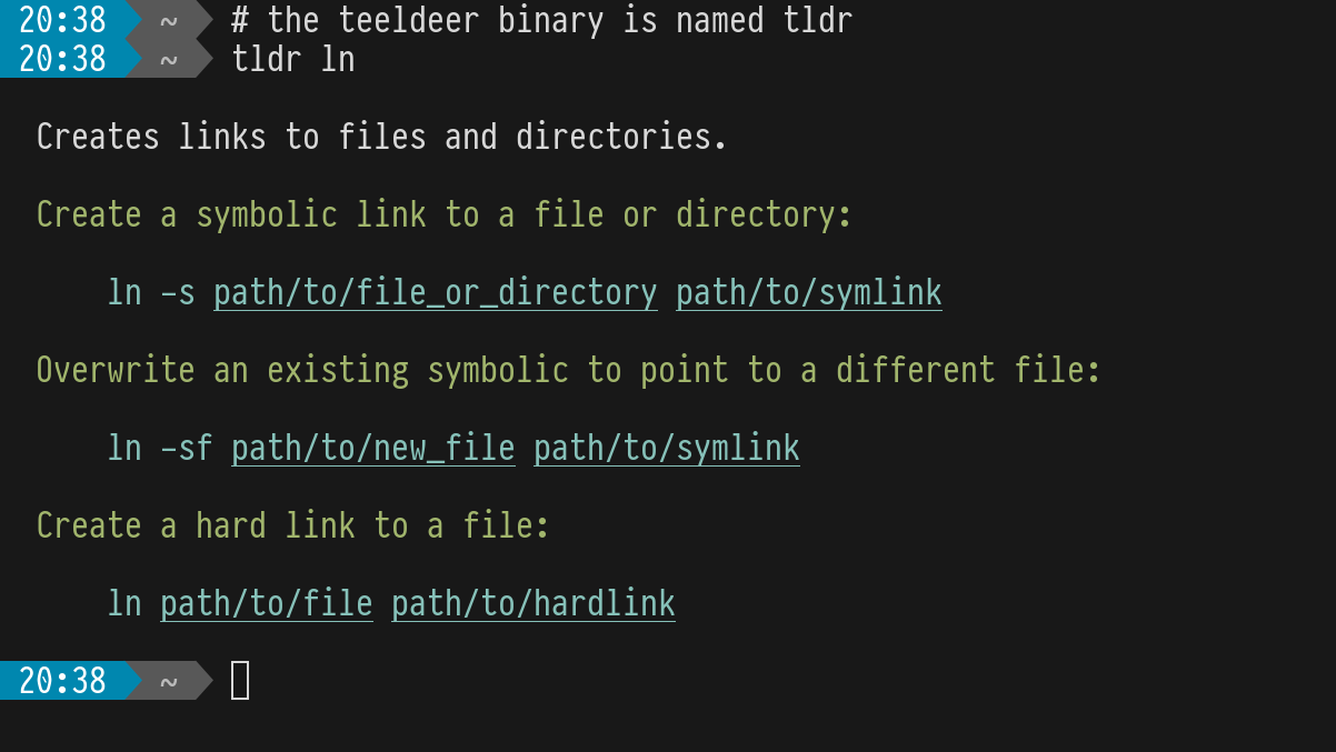 Screenshot of tealdeer showing the tldr page for ls in a terminal.
