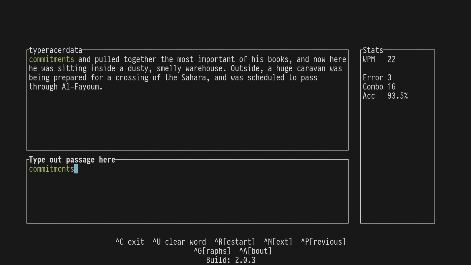 Screenshot of terminal-typeracer running in a terminal.