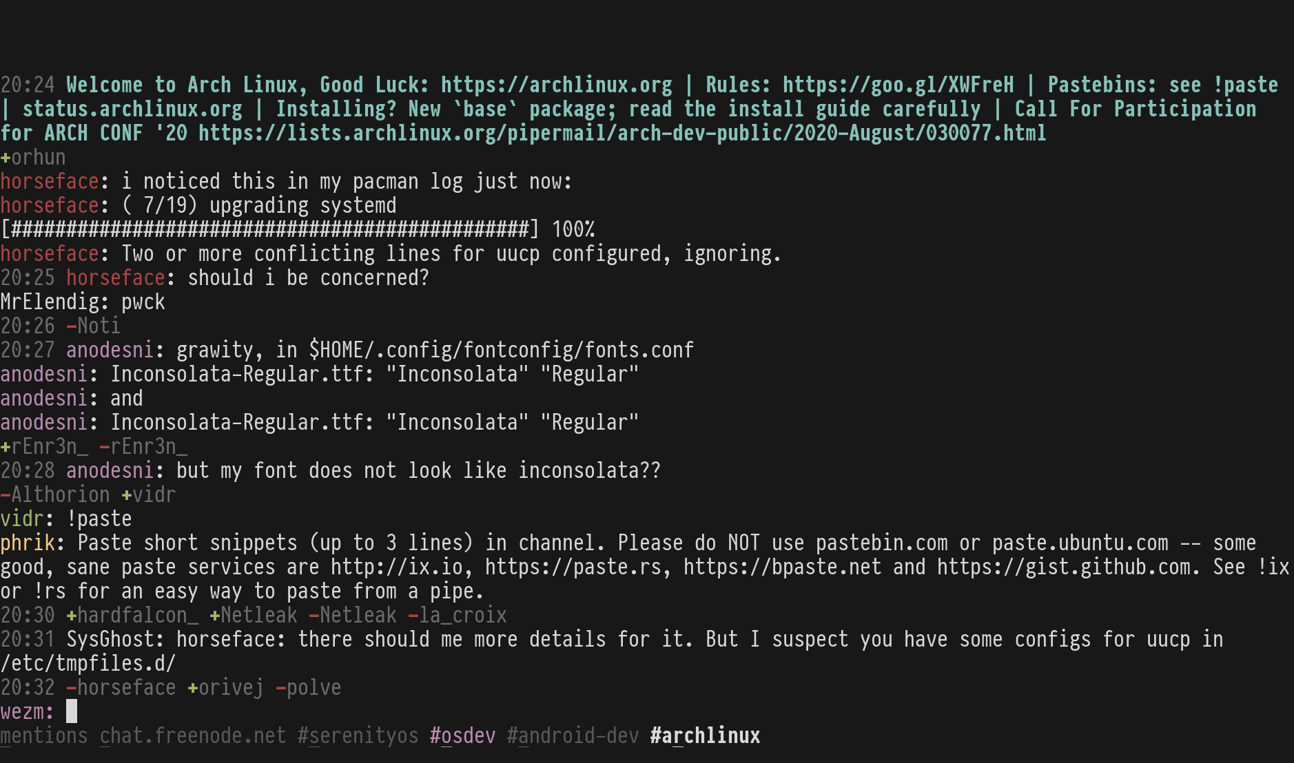 Screenshot of tiny connected to several IRC channels on chat.freenode.net in a terminal.