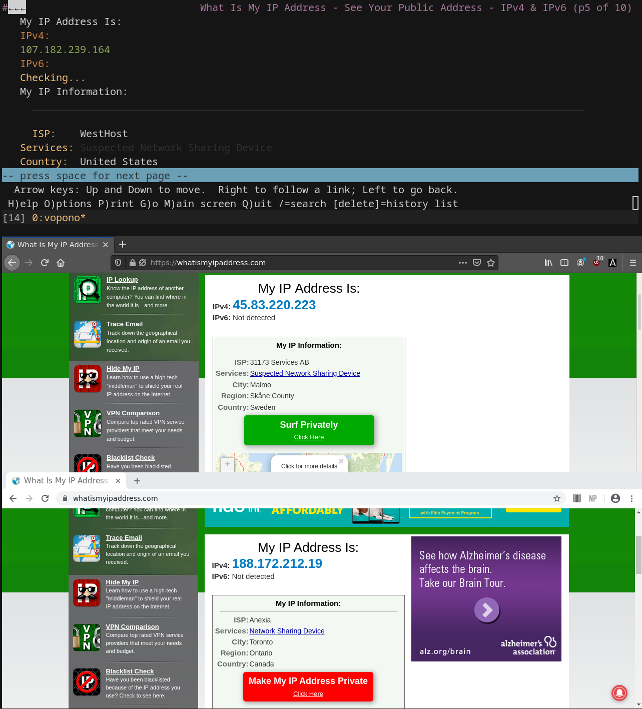 Screenshot of vopono running in a terminal and two different browsers, one showing the VPN applied, the other not.