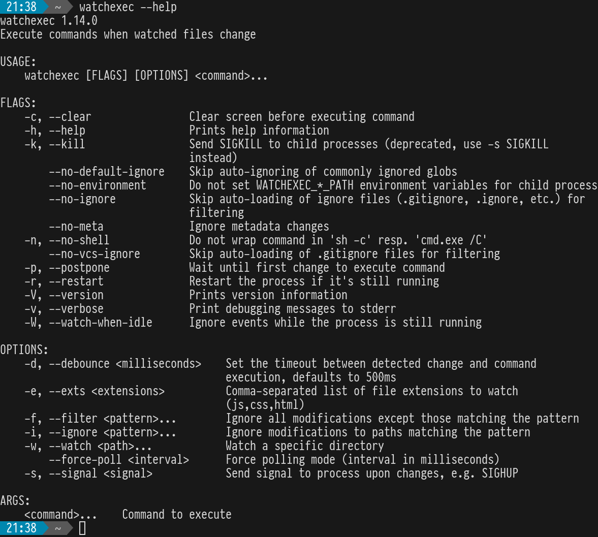 Screenshot of the output of watchexec --help in a terminal.