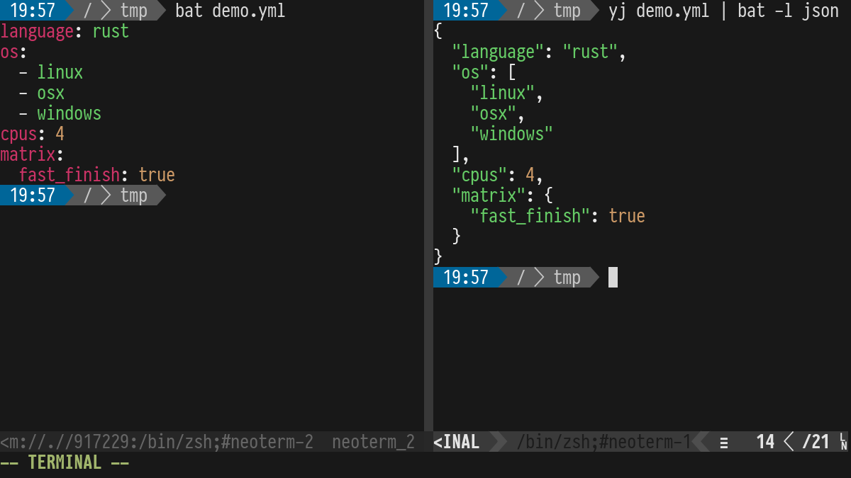 Screenshot of yj transformating a small YAML document into JSON in a terminal.
