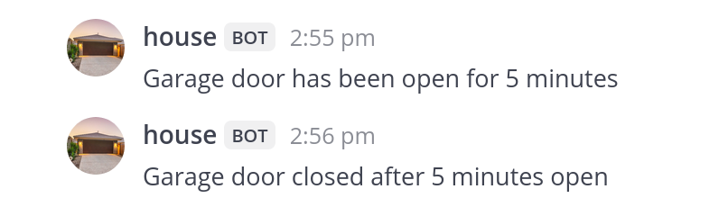 Screenshot of the message posted to Mattermost by the garage door monitor. It reads: Garage door closed after 5 minutes open.
