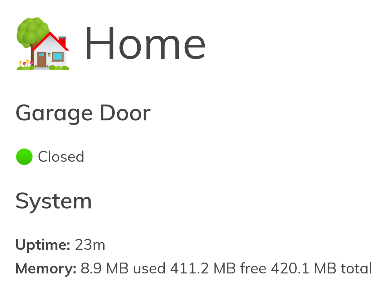 Screenshot of the web page served by the garage door monitor. It shows the state of the door, uptime of the device, and memory usage information.