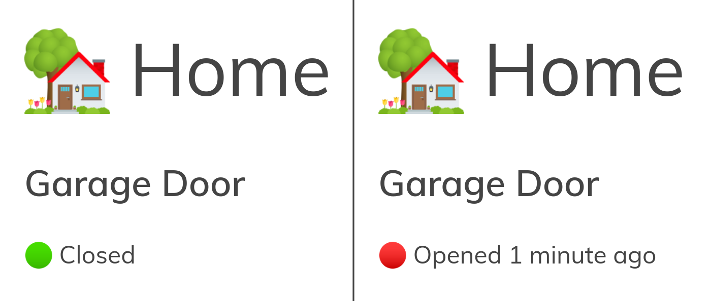 Screenshots of the web page served by the garage door monitor. The left side shows the closed state with a green dot emoji and the right one shows the open state with a red dot emoji and the text: Opened 1 minute ago.