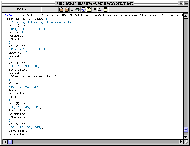 Screenshot of an MPW worksheet on Mac OS 8 showing the output of running DeRez on an application.