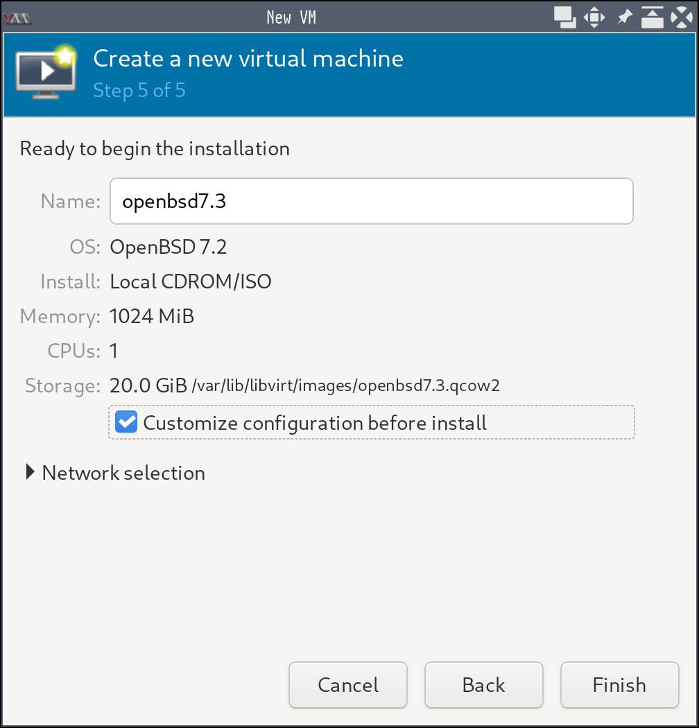 Screenshot of step 5 in the new virtual machine wizard in virt-manager showing the 'Customize configuration before install' option checked.