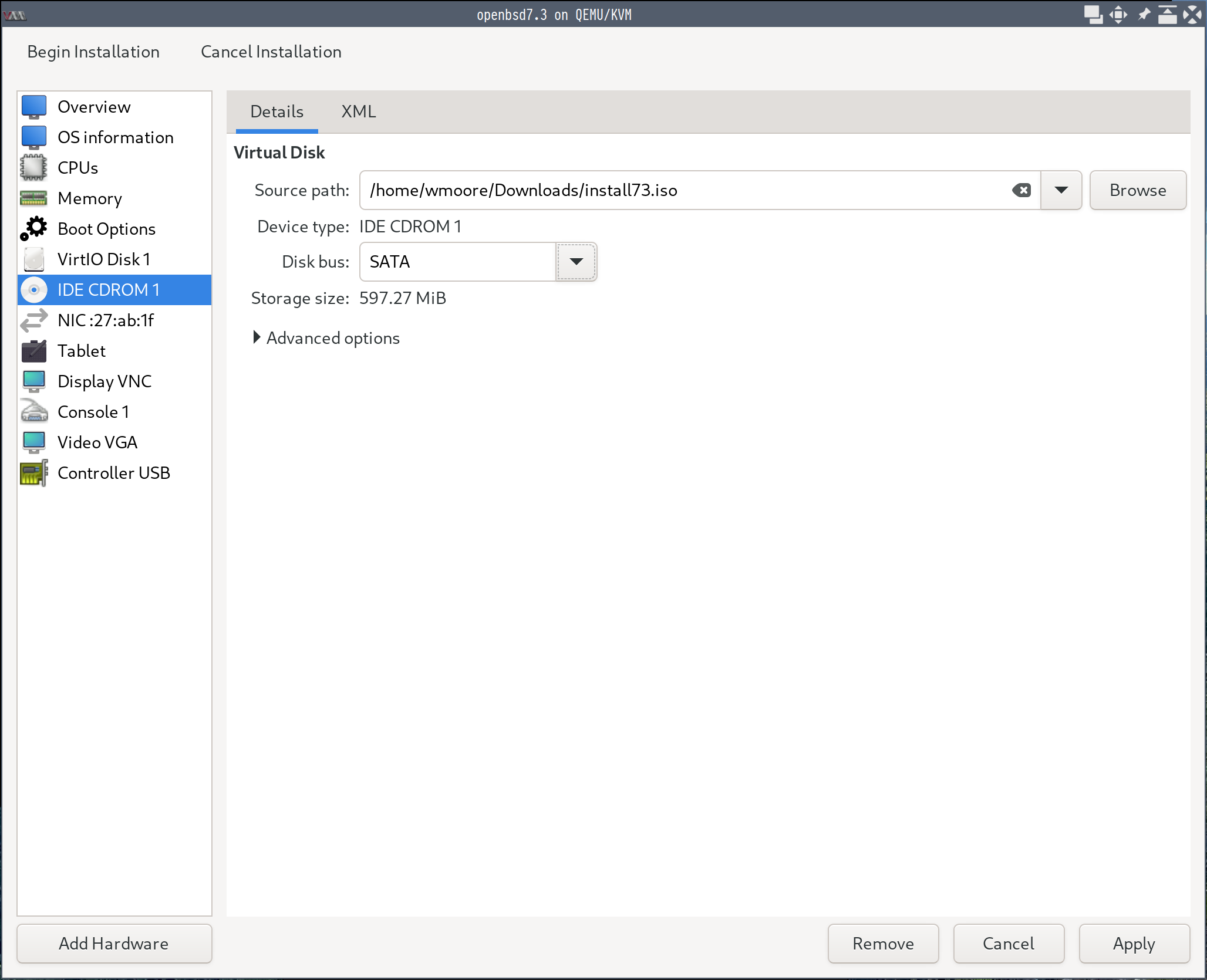 Screenshot of the virt-manager CD ROM tab showing 'Disk bus: SATA' selected.