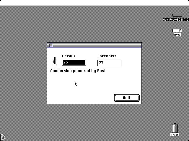 Screenshot of the temperature converter application running on Mac OS 7.5 (in emulator).
