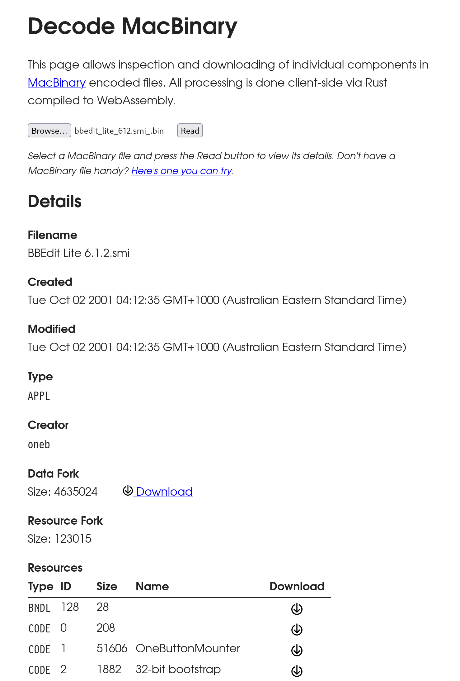 Screenshot of the MacBinary webpage. It is showing the parsed information from a file called 'bbedit_lite_612.smi_.bin'. Several resources are lists such as 'BNDL', and 'CODE'.