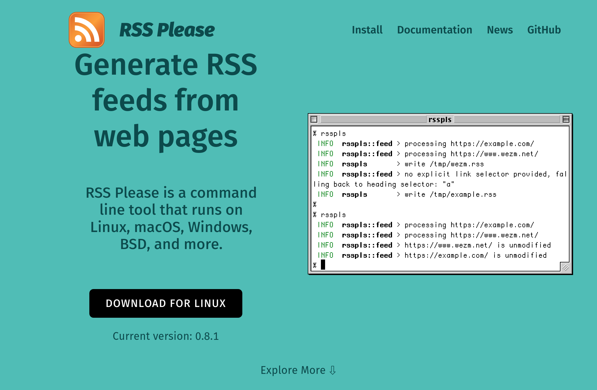 Screenshot of the RSS Please website. It has a teal backgound and features a screenshot of the tool running in a terminal. There is an orange RSS logo in the top left and download button in the bottom left.