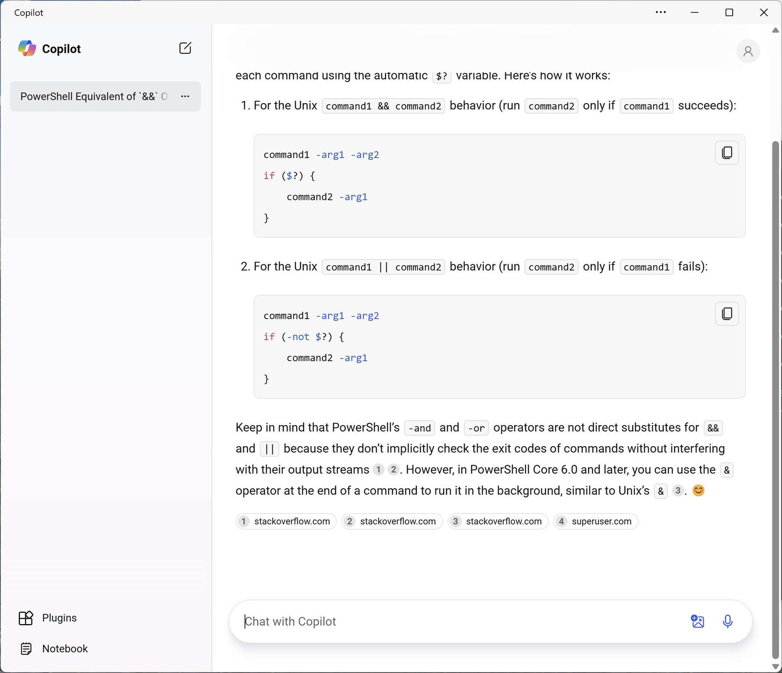 Screenshot of the Copilot app with a response to a query about PowerShell. The response includes several numbered footnotes, each of which is a link.