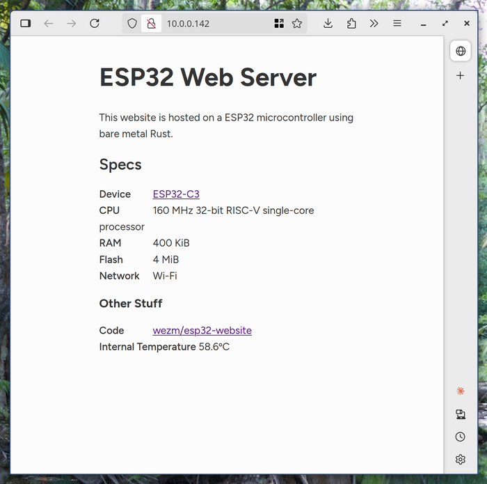 Screenshot of the web page hosted by the ESP32. Is includes basic information about the microcontroller and the internal temperature of the device.