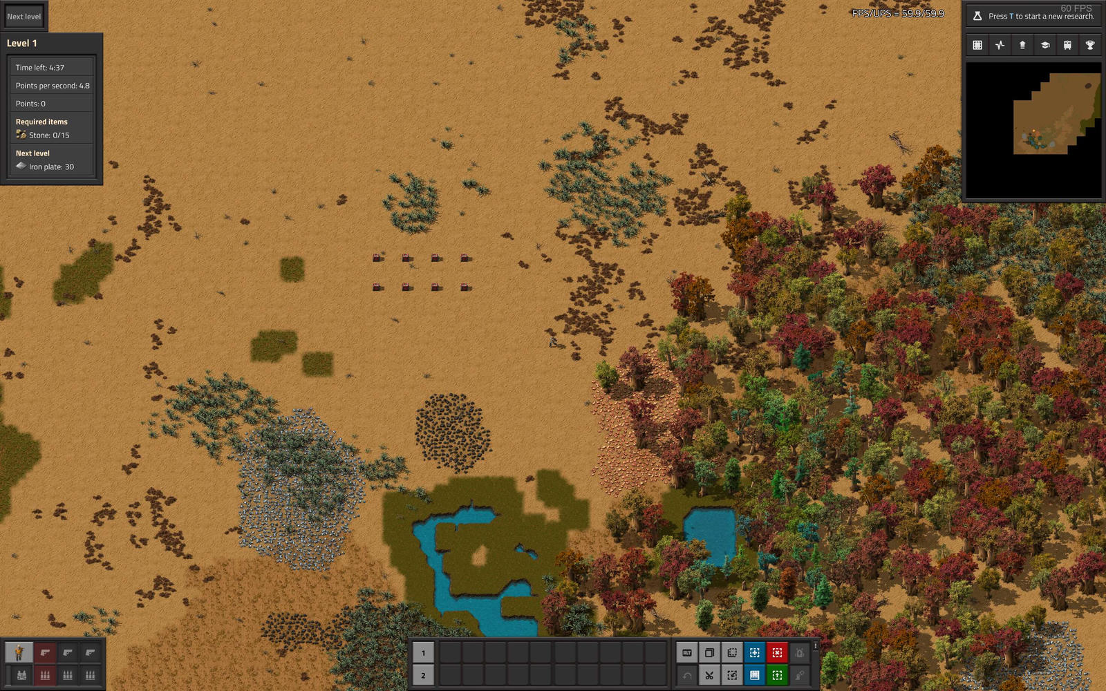 Screenshot of Factorio. The view is fairly zoomed out. There a lot of trees in the bottom left of the image and the FPS counter is showing 60 FPS.