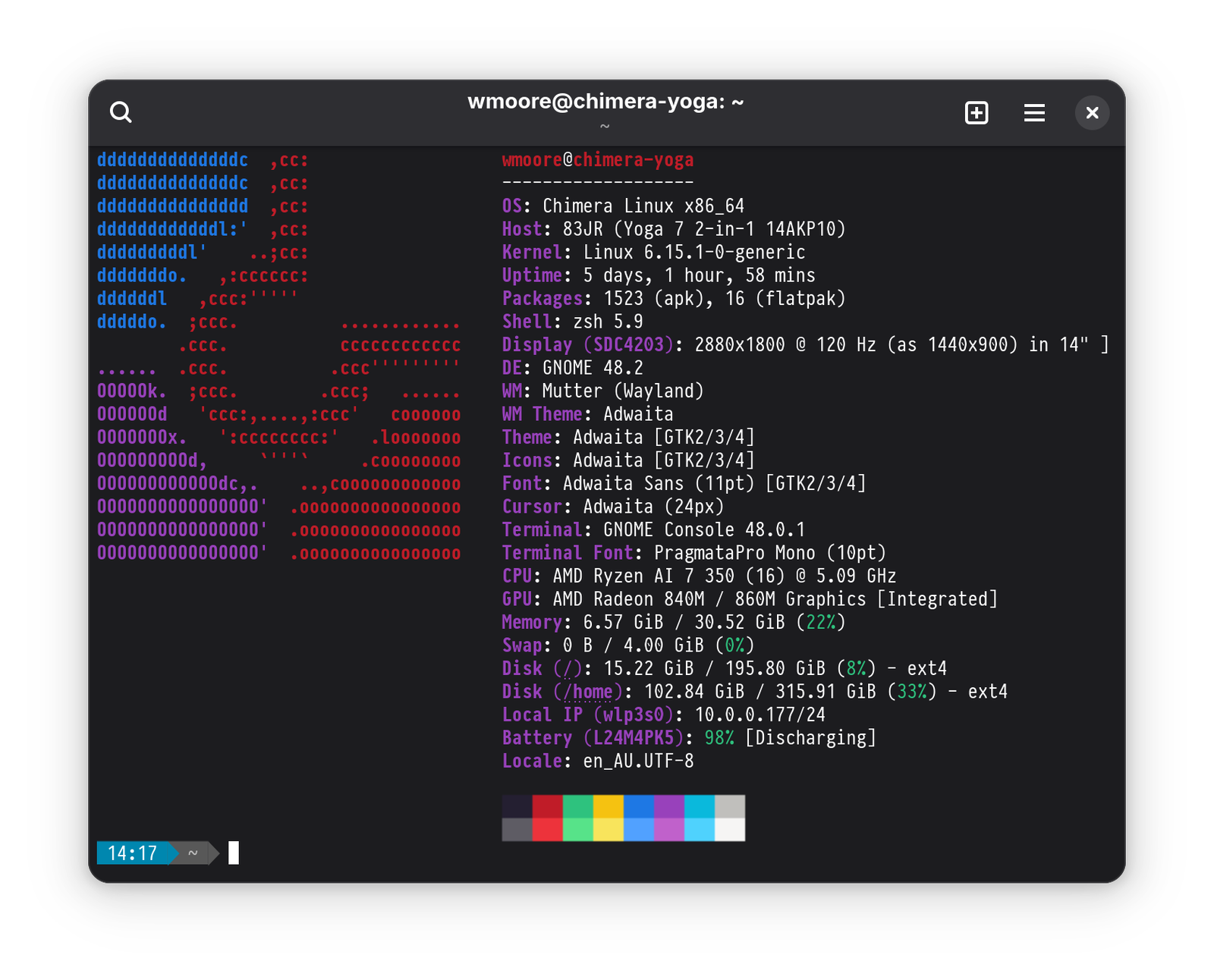 Screenshot of a terminal window with the output of fastfetch.