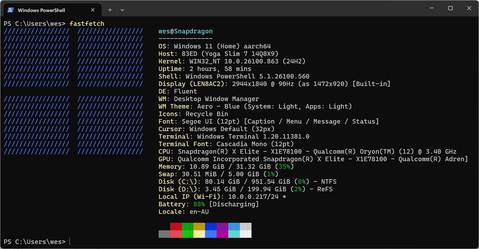 Screenshot of a Windows Terminal window with the output of fastfetch.