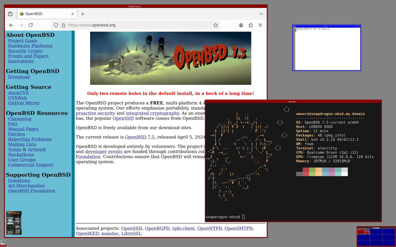 Screenshot of OpenBSD running fvwm. There are Firefox and Alacritty windows. The Firefox window is showing the OpenBSD homepage. The Alacritty window is showing the output of neofetch.