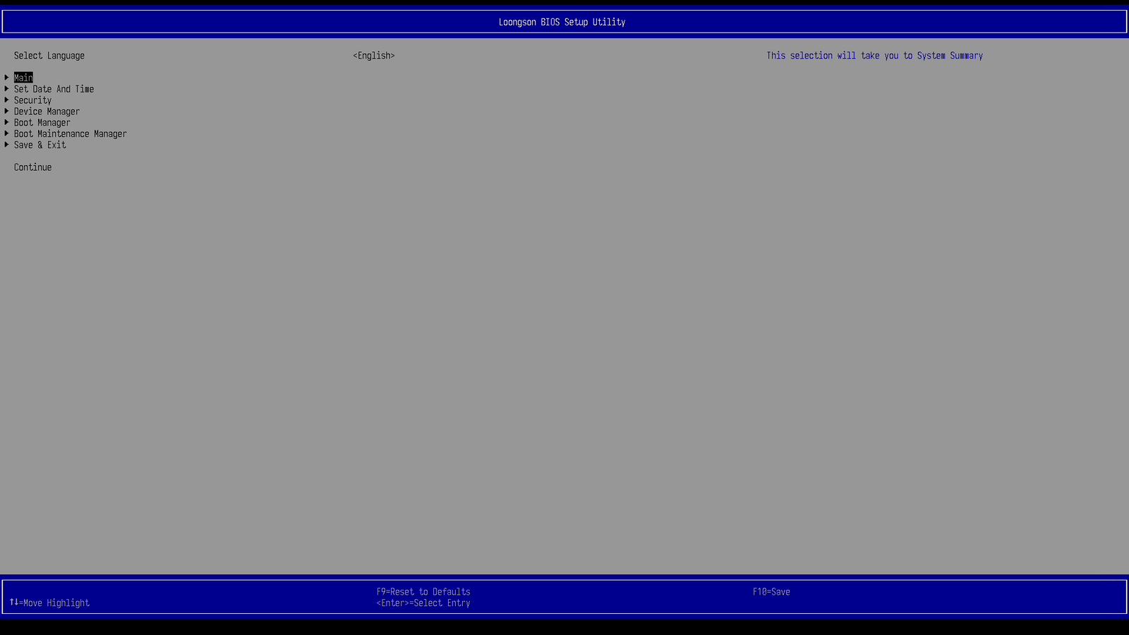 Screen capture of UEFI in English. There's a menu with the following options: Main, Set Date and Time, Security, Device Manager, Boot Manager, Boot Maintenance Manager, Save & Exit, Continue.