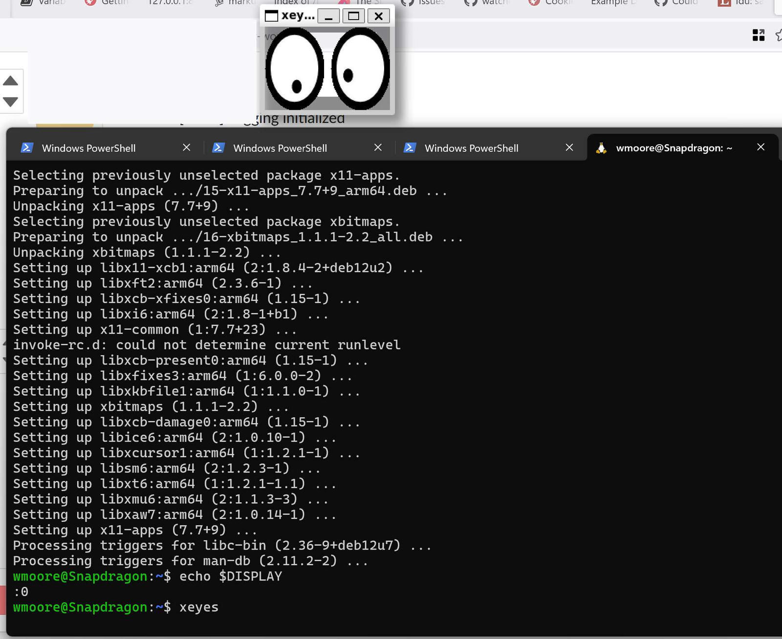 Screen shot with an xeyes window above a terminal window showing apt output from installing x11-apps and running xeyes.
