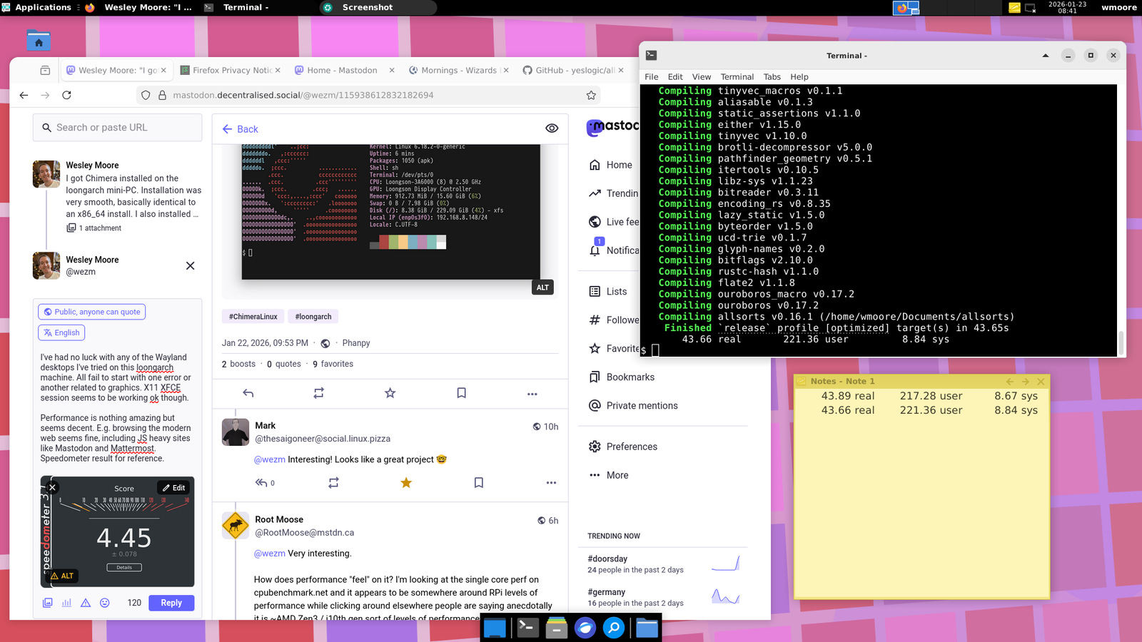Screenshot of Xfce 4 desktop with Firefox, Terminal, and sticky notes application open.